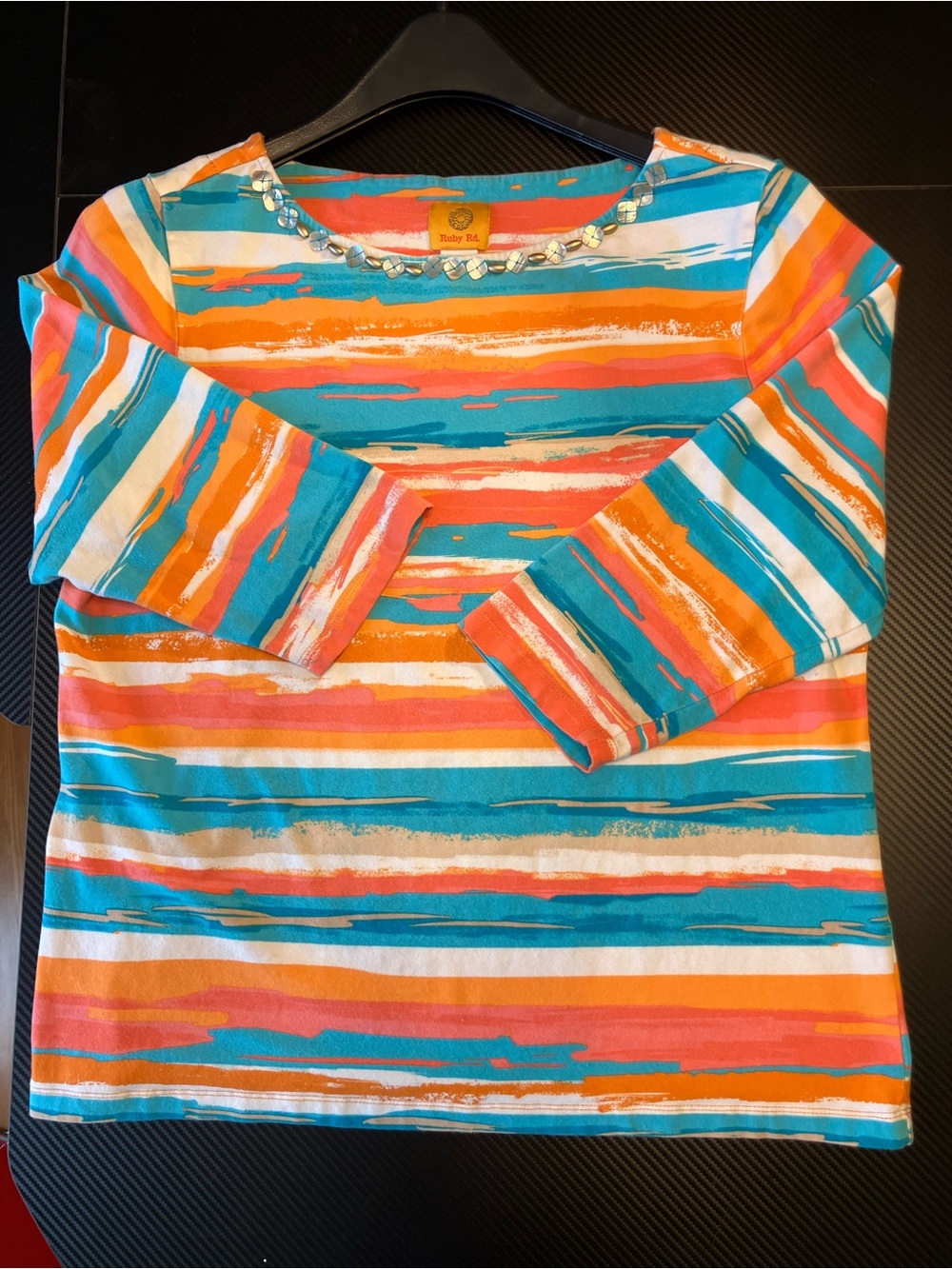 Ruby Rd. Striped Jewel-Neck Long Sleeve Top in Teal, Orange & Coral